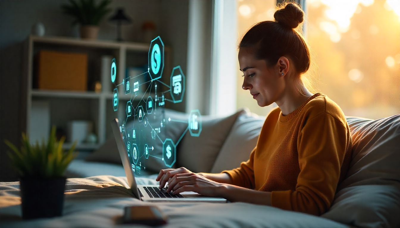 Person using AI tools to make money online from home in 2025 with laptop and digital icons